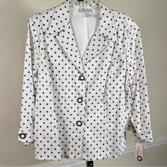 dressbarn Jackets & Blazers - Vintage Dressbarn Blazer Size XL Brown Dot Print Stretch Cotton Lined Jacket New